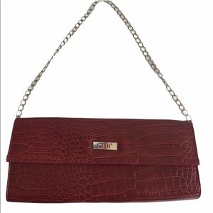 CHI Burgundy Red Maxi Clutch with Optional Chain Strap Baguette East West